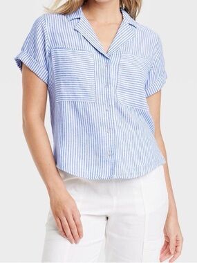 Women's Short Sleeve Collared Button-Down Shirt - Universal Thread Blue Striped